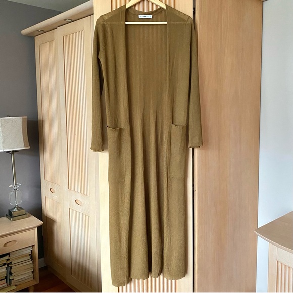 Zara metallic thread knit long cardigan sweater golden tan - Picture 3 of 6